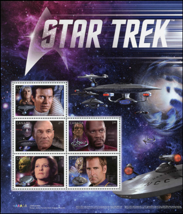 Canada Stamp #2983 - Star Trek (Year 2): Captains (2017) P (85¢) + $1 + $1.20 + $1.80 + $2.50 Souvenir sheet of 5 stamps