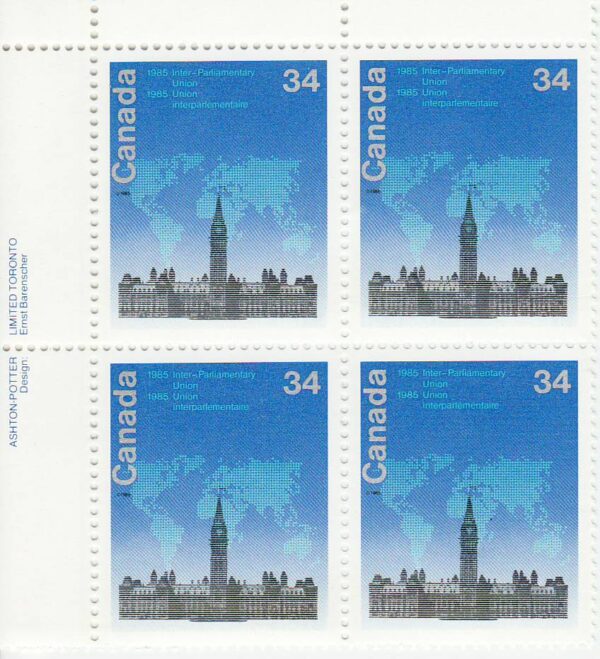 Canada PB#1061iii - Stylized map over Parliament Buildings (1985) 34¢