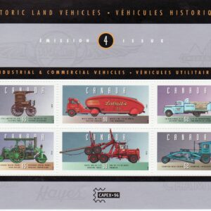 Canada Stamp #1604 - Historic Land Vehicles-4 (1996) 2 x 45¢, 2 x 52¢, 2 x 90¢ Souvenir Sheet of 6 stamps