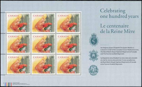 Canada Stamp #1856i - S/Sheet - Elizabeth, The Queen Mother (2000) 95¢ x 9 (F)