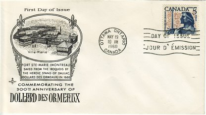 Canada FDC #390 - Dollard des Ormeaux (1960) 5¢ (ROSECRAFT CACHET)