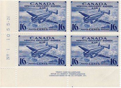 Canada Stamp (PLATE BLOCK) - Air Mail #CE1 - Trans-Canada airplane (1942) 16¢