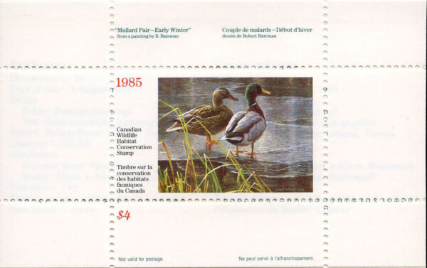 Canadian Wildlife Habitat Conservation Stamp #FWH1 - Mallards (1985) $4 - Image 3