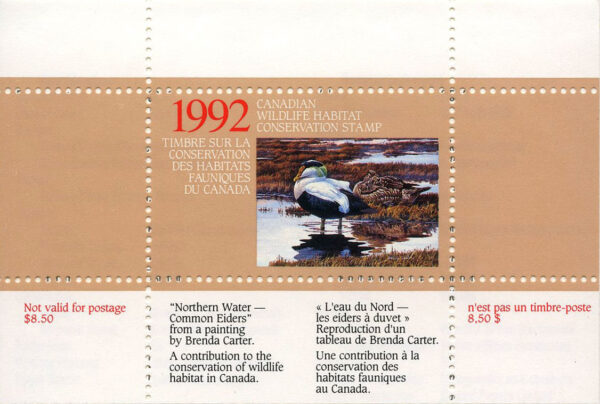 Canadian Wildlife Habitat Conservation Stamp #FWH8 - Eider Duck (1992) $8.50 - Image 3