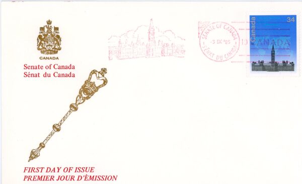 SENATE OF Canada FDC #1061 - Stylized map over Parliament Buildings (1985) 34¢ - Image 2