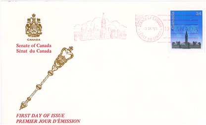 SENATE OF Canada FDC #1061 - Stylized map over Parliament Buildings (1985) 34¢