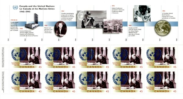 Canada Stamp #1584i - Prime Minister William Lyon Mackenzie King signing the UN charter in San Francisco (1995) 10 x 45¢ - Image 2