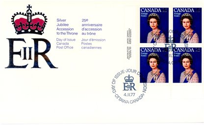 Canada FDC#704 - Queen Elizabeth II (1977) 25¢ X4 PLATE BLOCK