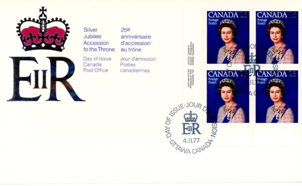 Canada FDC#704 - Queen Elizabeth II (1977) 25¢ X4 PLATE BLOCK