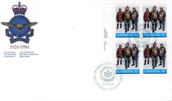 Canada OFDC#1043 - Pilots in flying dress (1984) 32¢ PLATE BLOCK - Image 2