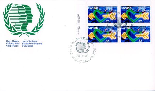 Canada OFDC #1045 - Heart and Arrow, Jeans (1985) 32¢ PLATE BLOCK