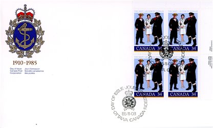 Canada OFDC #1075 - Naval Personnel (1985) 34¢ PLATE BLOCK