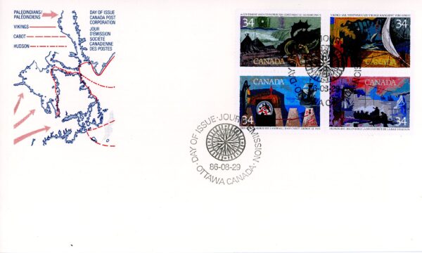 Canada OFDC #1107a - Exploration of Canada-1 (1986) 4 x 34¢
