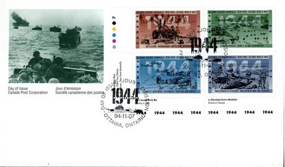 Canada OFDC #1540a - Second World War-1944 (1994) 4 x 43¢ PLATE BLOCK