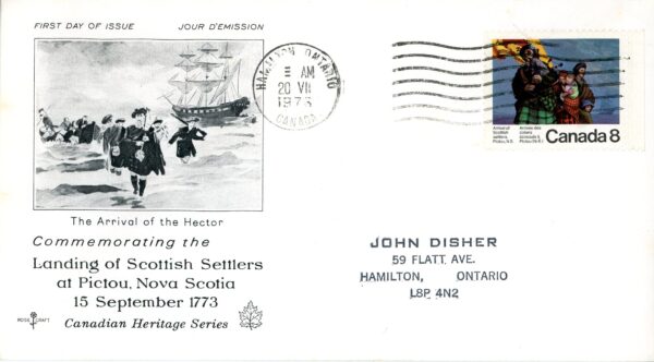 Canada ROSECRAFT FDC#619 - Scottish Settlers and "Hector" (1973) 8¢
