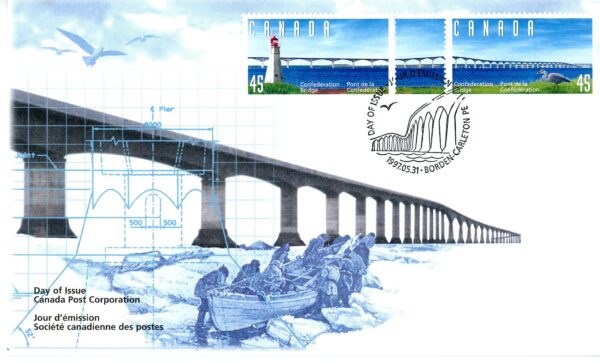 Canada FDC#1646a - Confederation Bridge (1997) 2 x 45¢ Se-tenant strip of two (1645, 1646) plus tab between - Image 2