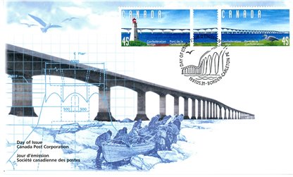 Canada FDC#1646a - Confederation Bridge (1997) 2 x 45¢ Se-tenant strip of two (1645, 1646) plus tab between