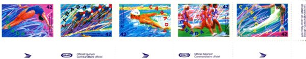 Canada Stamp #1418AI - Summer Olympics (1992) 5 x 42¢ UNFOLDED FROM ANNUAL COLLECTION
