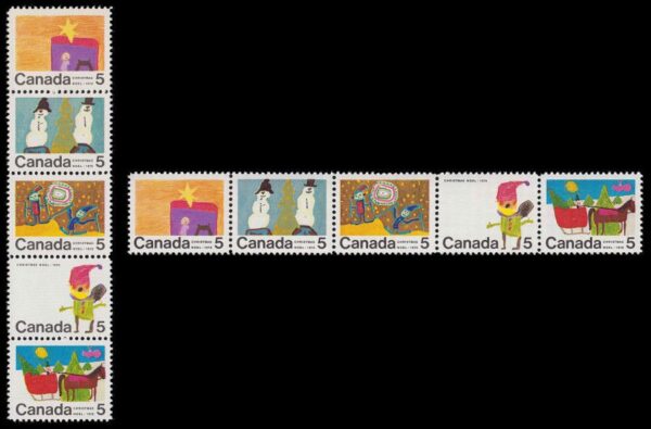 Canada Stamp #523ap - Christmas (1970) 5 x 5¢ Se-tenant strip of 5 (519p-523p), WCB(horizontal) - Image 2