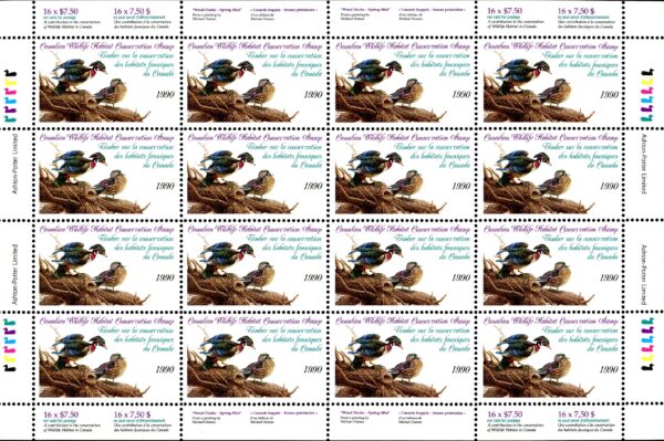 RARE SHEET - Canadian Wildlife Habitat Conservation Stamp #FWH6 - Wood Ducks (1990) $7.50 - Image 2
