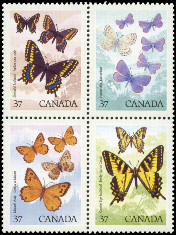 Canada Stamp #1213a - Butterflies (1988) 4 x 37¢ Se-tenant block (1210-1213)