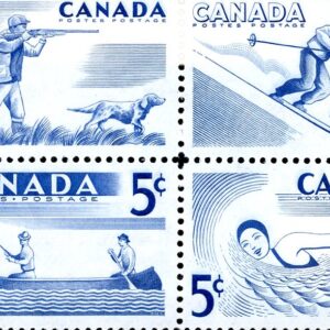 Canada Stamp #368a - Recreation Sports (1956) 4 x 5 Se-tenant block of 4 (365-368)