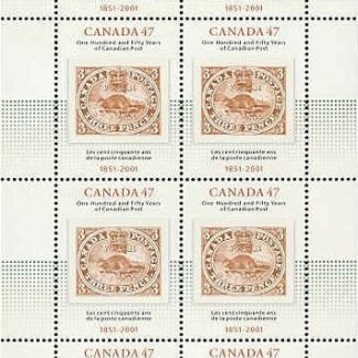 Canada Stamp FULL PANE#1900 - 3d beaver, stamp on stamp (2001) 47¢, WITH 1900i VARIETY