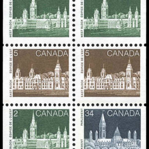 Canada Stamp #947a - Booklet Stamps (1985) 3 x 2¢, 2 x 5¢, 1 x 34¢ Booklet pane of 6
