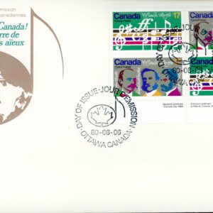 Canada OFDC (PLATE BLOCK) #858a - O Canada Centenary (1980) 2 x 17¢