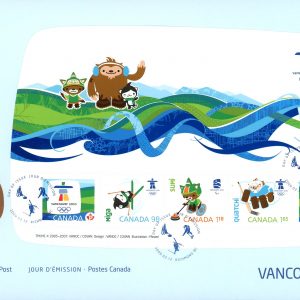 Canada FDC Stamp #2305 - Olympic Emblems and Mascots-Definitives Souvenir Sheet (2009) 2 x (P), 1 x 98¢, 1 x $1.18, 1 x $1.65 Souvenir sheet of 5