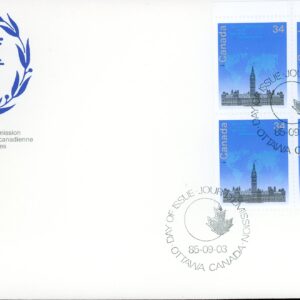 Canada FDC--PB#1061 - Stylized map over Parliament Buildings (1985) 34¢