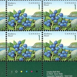 Canada Stamp PB#1349iv - Blueberry (1992) 1¢ Snake in grass (column 1, rows 2-10)