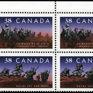 Canada Stamp PB#1250ii - Canadian Infantry Regiments (1989) 4 x 38¢ Very rare plate block with inscriptions