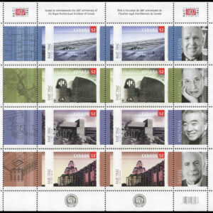 Canada Stamp SHEET#2218a - Royal Architectural Institute (2007) 4 x 52¢ Vertical se-tenant strip of 4 + 4 labels (2215-2218)