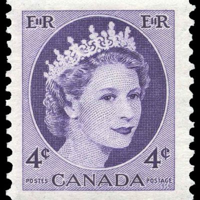 Canada Stamp #340ii - Queen Elizabeth II (1954) 4¢ F, Ribbed vertically