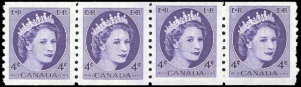 Canada Stamp #347 Strip - Queen Elizabeth II (1954) 4 x 4¢ Strip of 4 - POST OFFICE REPAIR