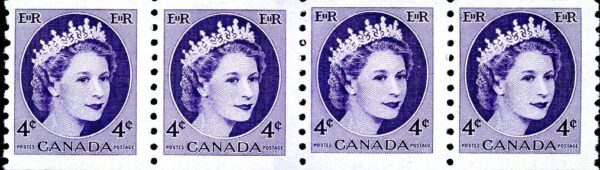 Canada Stamp #347 Strip - Queen Elizabeth II (1954) 4 x 4¢ Strip of 4 - JUMP STRIP