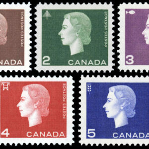 Canada Stamp #401-5 - Queen Elizabeth II (1963) 1 x 1¢, 1 x 2¢, 1 x 3¢, 1x 4¢, 1 x 5¢ Set of 5