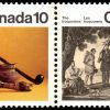 Canada Stamp #579i - Iroquoian Encampment (1976) 10¢ Variety "missing medallion", DF/DF -Se-Tenant Pair (578, 579i)