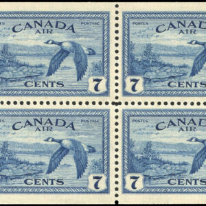 Canada Stamp - Air Mail #C9a - Canada geese near Sudbury, ON (1947) 4 x 7¢ Booklet pane of 4