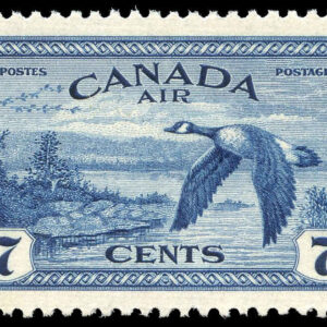 Canada Stamp - Air Mail #C9ii - Canada geese near Sudbury, ON (1946) 7¢ Major re-entry, double frameline at right