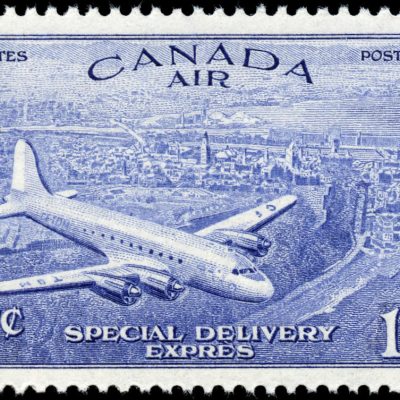 Canada Stamp - Air Mail #CE4 - D.C. 4-M Airplane (1946) 17¢ Corrected grave accent of EXPRÈS (VF-MLH)