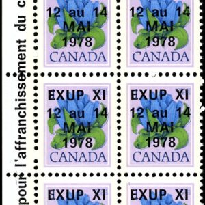 Canada Stamp PB#705iii - (BLOCK OF 10) Bottle Gentian (1977) 1¢ overprinted "EXUP XI/12 au 14/MAI/1978"