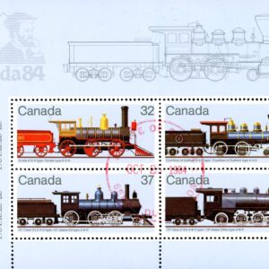 Canada Stamp #1039a FIRST DAY CANCEL - Canadian Locomotives (1860-1905)-2 (1984) 2 x 32¢, 1 x 37¢, 1 x 64¢ Souvenir Sheet of 4 (MNH)