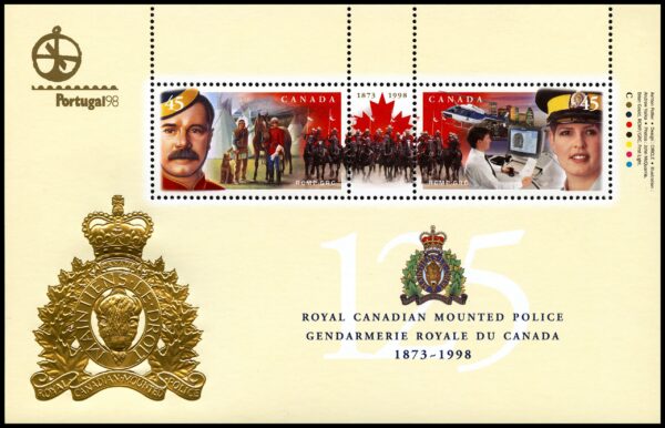 Canada Stamp #1737d - RCMP 125th Anniversary (1998) 2 x 45¢ Souvenir sheet of 2 stamps with Portugal '98 emblem