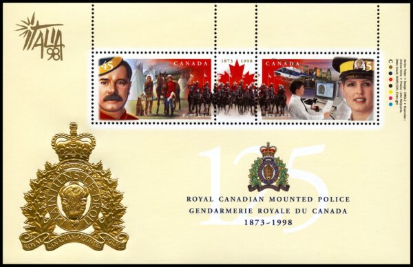 Canada Stamp #1737e - RCMP 125th Anniversary (1998) 2 x 45¢ Souvenir sheet of 2 stamps with Italia '98 emblem