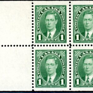 Canada Stamp #231a - King George VI (1937) 4 x 1¢ Booklet pane of 4 x 1¢ (231as) + 2 labels, (BK31) (MH)