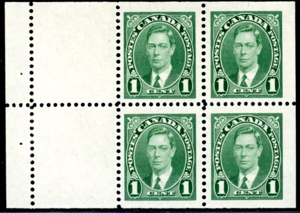 Canada Stamp #231a - King George VI (1937) 4 x 1¢ Booklet pane of 4 x 1¢ (231as) + 2 labels, (BK31) (MH)