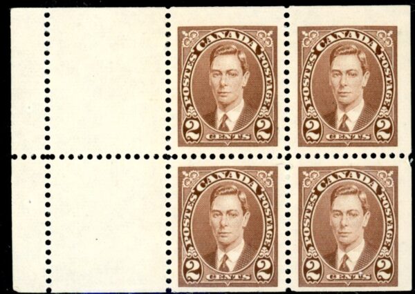 Canada Stamp #232a - King George VI (1937) 4 x 2¢ Booklet pane of 4 x 2¢ (232as) + 2 labels, (BK31) (VF-MLH)