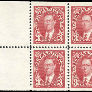 Canada Stamp #233a - King George VI (1937) 4 x 3¢ Booklet pane of 4 x 3¢ (233as) + 2 labels, (BK30, 31)